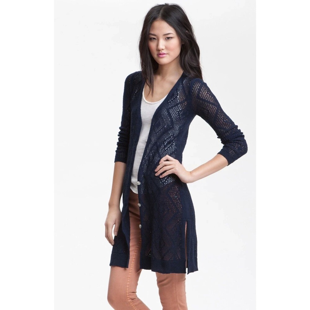 Free People Cutie Booty Crochet Cardigan Sweater M Blue Boho Y2K Elena Gilbert